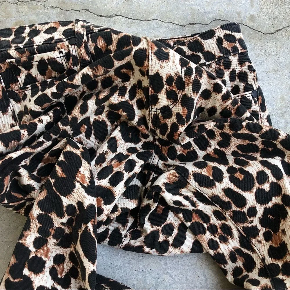 Paige Hoxton Straight Ankle hi high waisted Jeans Leopard Print brown raw hem 24